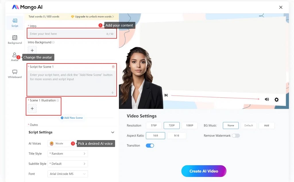 Cum-se-creați-un-video-prezentator-AI-cu-Mango-AI-Pasul 3-Personalizați-video
