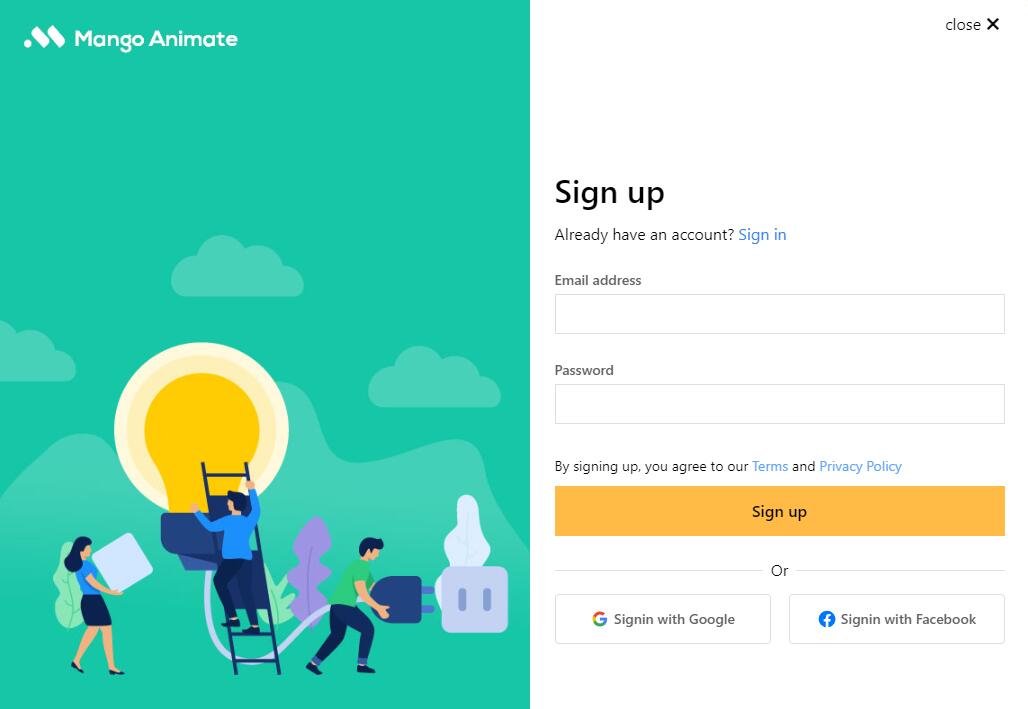 sign up mango animate